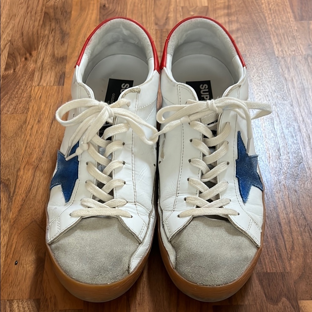 Golden Goose White Sneakers with Blue Star and Red Heel